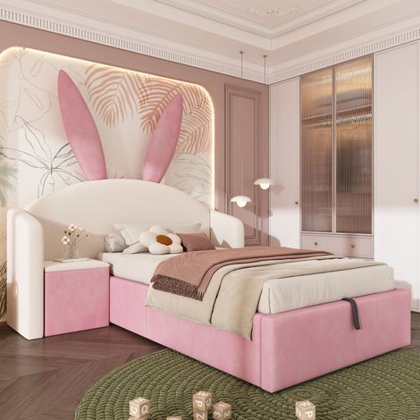 Cama infantil 90x190 cm beige y rosa de terciopelo con cabecero de orejas y almacenaje (1/5)