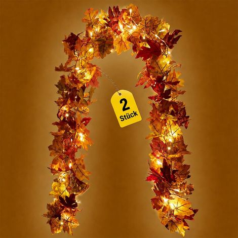 Lot de 2 Guirlandes Feuilles Érable Automne, 30 LED, Minuteur, 8 Modes, 1,76m, Chaude, Porte, Escalier, Fête (1/5)
