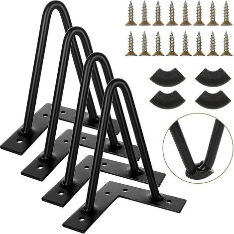 Pieds de table basse de style industriel de 6 pouces (paquet de 4), pieds en épingle à cheveux avec vis, pieds de meubles en métal noir, adaptés aux meubles TV et aux canapés, avec patins de protectio (1/5)
