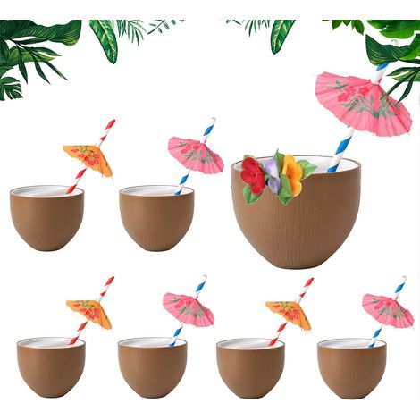 Lot de 6 gobelets hawaïens en noix de coco avec pailles en papier, gobelets en noix de coco tropicaux hawaïens pour cocktail, fête d'anniversaire sur le thème des fêtes (1/5)