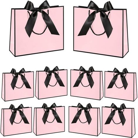 Sacs cadeaux en papier avec rubans et poignées. Lot de 10 - noirs et roses - parfaits pour les mariages - les fêtes de naissance (1/5)