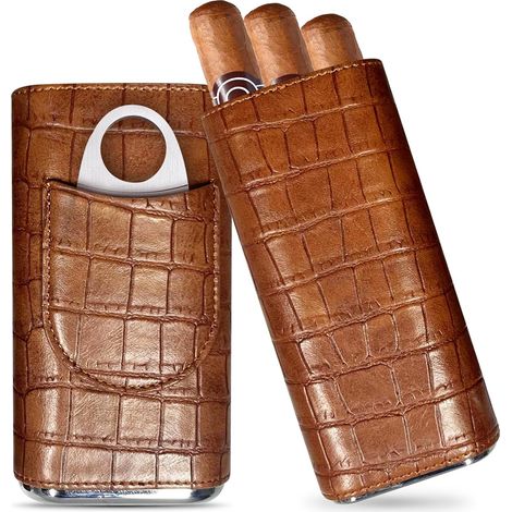 Porta sigari in pelle per 3 sigari con tagliasigari in acciaio inossidabile, scatola per sigari portatile in cedro, elegante scatola per sigari da viaggio e regalo per uomo, marrone