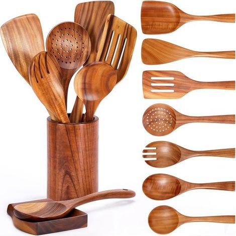 Set di utensili da cucina in legno, pentole e padelle in legno per cucinare e cuocere al forno, resistenti al calore fino a 450 gradi, 9 pezzi, colori effetto legno. (1/5)