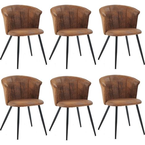 Meuble Lot de 6 Chaises de Salle à Manger Vintage Fauteuil Assise et Dossier Rembourrée en suédine Pieds en métal pour Cuisine Salon Chambre Bureau, Style Industriel, Marron, 55x58x75,5cm (1/5)