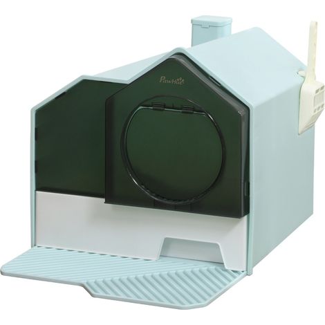 Litière pour chat design chalet avec tamis, pelle à litière et bac amovible, verte (1/5)