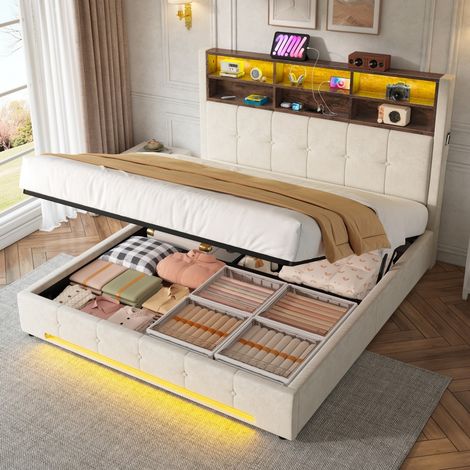 Lit double velours 160x200cm lit coffre hydraulique tête lit multifonction USB-C LED rangement sous lit anti-poussière chambre, beige (sans Matelas) (1/5)