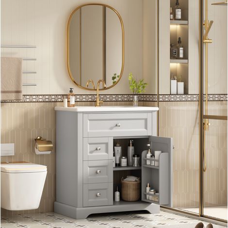 76x46x87cmBodenstehender Badezimmerschrank mit Waschbeck, Waschtisch, feuchtigkeitsbeständig lackiert, Soft-Close-Schubladenführungen, Türregale,ausklappbare Schublade,verstellbare Ablagefläche, grau (1/5)