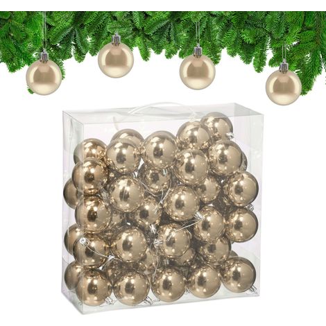 Relaxdays Weihnachtskugeln im 50er Set, Kunststoff, D: 6 cm, runde Weihnachtsbaumdeko, Baumschmuck glänzend, champagner