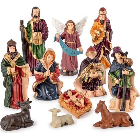 Weihnachts Krippenfiguren Set 11-teilig aus Polyresin - 10 cm - Kunststein Weihnachtskrippe Figuren 11 Stück detailgetreu handbemalt