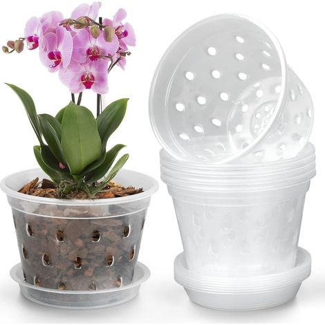 Orchideentöpfe, Set mit 8 Orchideentöpfen (7,6 cm Durchmesser) mit Löchern und Untersetzern, transparente Kunststofftöpfe, geeignet für Zimmer- und Gartenpflanzen, gerillte Orchideentöpfe (7,6 cm).