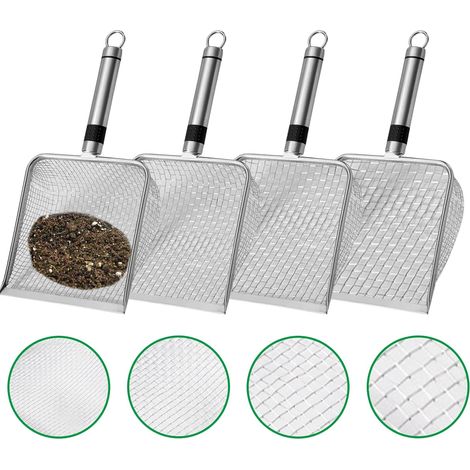 Lot de 4 tamis à compost de jardin avec poignée (mailles 2/2,8/3,8/5 mm), 4 tailles de tamis de jardin en acier inoxydable, pour sable, pierres, terre, compost, scooper, pelle à litière pour chat (1/5)
