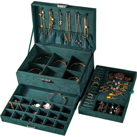 Portagioie a 3 livelli, con cassetti e scomparto per orologi, regalo per ragazze, da viaggio, in flanella, per anelli, orecchini, collane e orologi, verde scuro (1/5)