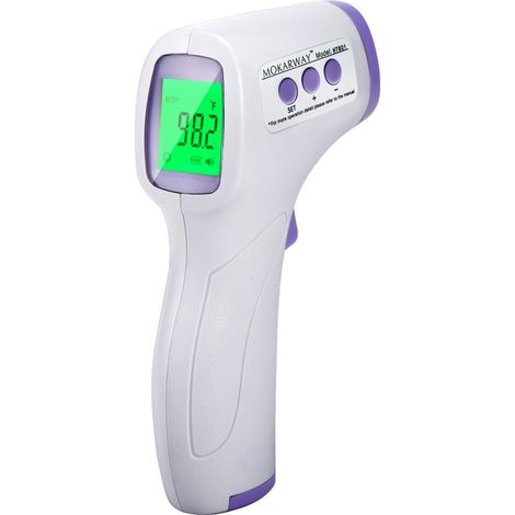 Berührungsloses Infrarot-Thermometer zur Stirntemperaturmessung. Dreifarbiges, hintergrundbeleuchtetes LCD-Display, 32 Messgruppen, Anzeige in °C/°F, akustischer Alarm.