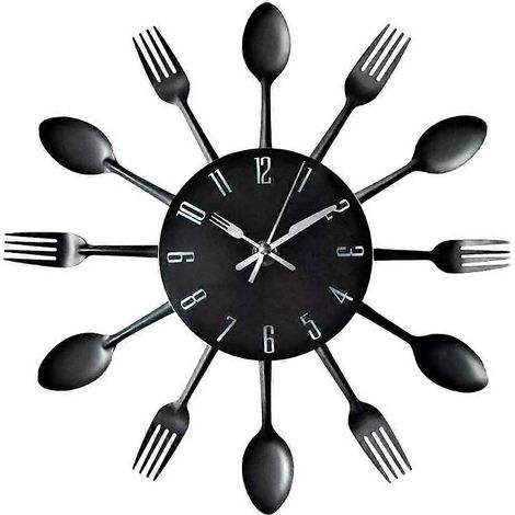 Küchenwanduhr aus Metall, Löffel- und Gabelmotiv, geräuschlose Uhr für Wohnzimmer, Küche und Restaurant (1/5)