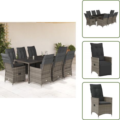 The Living Store Ensemble à manger de jardin 9 pcs coussins gris résine tressée - Fauteuil jardin (1/5)