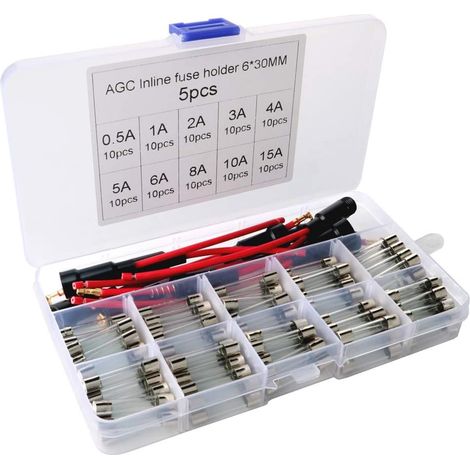 Stück 6 x 30 mm AGC Inline-Schraubsicherungshalter mit 16 AWG-Draht + 100 Stück 6 x 30 mm flinke Glassicherungen für Autos (0,5A 1A 2A 3A 4A 5A 6A 8A 10A 15A)