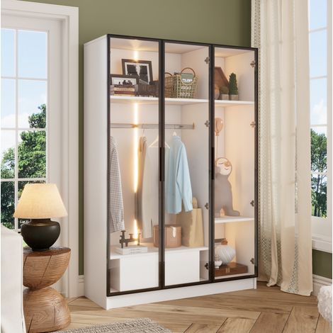 Armadio bianco 110 x 50 x 160 cm con 3 ante in vetro, 1 cassetto, asta appendiabiti e LED HAVRYA (1/5)