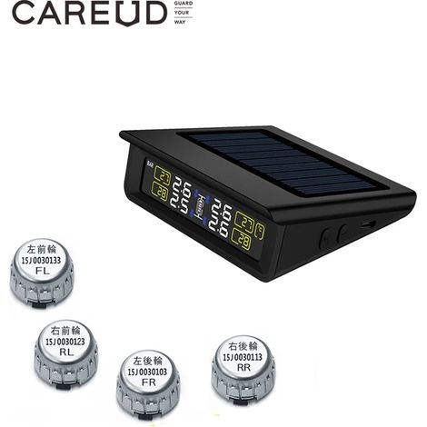 (Glod-T86-WFSliver) Système de surveillance de la pression des pneus (TPMS) pour véhicules, alimenté par énergie solaire, avec écran LCD et 4 piles remplaçables internes/externes. Mode PSI/BAR. (1/5)