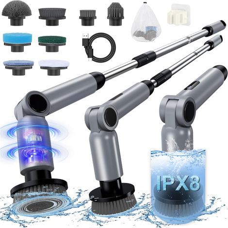Electric Cleaning Brush, [IPX8 Waterproof] Rotating Cleaning Brush, Folding Design, with Telescopic Rod and 8 Accessory Heads for Bathroom, Car, Window, Shower (1/5)