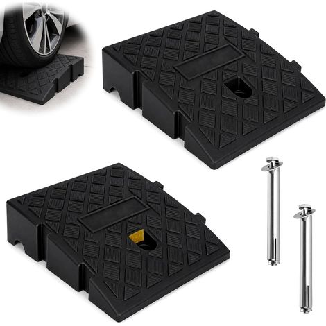 Lot de 2 rampes de trottoir, hautes, portables, en plastique robuste, rampe de seuil de porte, rampe en caoutchouc pour portes, marches, fauteuils roulants, scooters, motos (1/5)
