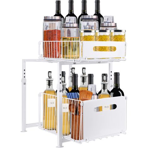 Rangement sous Évier en Métal à 2 Niveaux avec Tiroir de Rangement Coulissant, pour Salle de Cuisine, Bureau, Bain, 29x38x49cm, blanc (1/5)