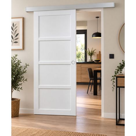 Porte Coulissante Tamera Blanc 4 Panneaux H204 X L83 Cm, Rail Alu, Coquilles Blanc Gd Menuiseries (1/3)