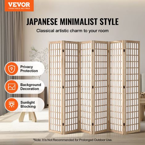 Cloison de Séparation Japonaise à 6 Panneaux, Séparateur de Pièce Pliable en Bois, Paravent de Confidentialité, pour Séparation de Pièce, Maison, Bureau, Restaurant et Chambre à Coucher, Uni (1/5)