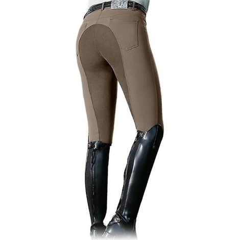 Damen-Reithose mit hohem Bund und elastischem Bund, schmale Passform, im Stil des Pferderennsports – M – Khaki (1/5)
