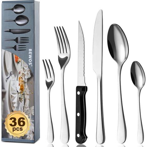 36-teiliges Besteckset für 6 Personen, Edelstahl, spülmaschinenfest, mit Steakmessern (1/5)