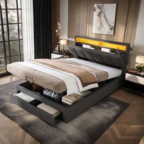 Doppelbett 140x190 cm - graues Leinengewebe - integrierte LED - 2 Schubladen - Lattenrost enthalten (1/5)