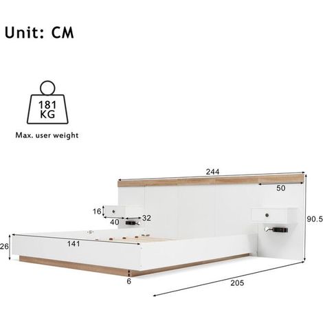 Lit double 140x200 cm - 2 tables de chevet LED - Tête de lit avec USB - Bois blanc - Design contemporain (1/5)