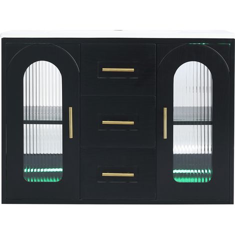 Hängender Badezimmerschrank 76 cm mit Keramikwaschbecken, schwarzes MDF in Holzoptik, LED (1/5)