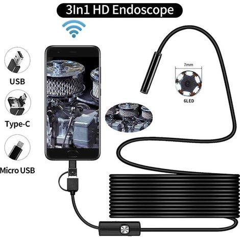 Filiyano – câble souple – Caméra endoscopique USB 2 m étanche IP67, câble souple, compatible Android/PC, noir (1/5)