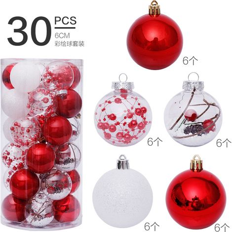 Décorations de Noël, boules transparentes rouges et blanches de 6 cm (lot de 30), ornement pour sapin de Noël (1/5)