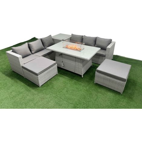 Fimous 8 Seat PE Rattan Lounge Sofa Set Outdoor Garden Furniture Set with Firepit Dining Table 3 Seater Sofa 2 Stools Side Table Light Grey (1/5)