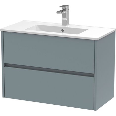 Chartley Contemporary 2 Drawer Wall Hung Vanity Unit with Minimalist Basin, Coastal Grey, 800mm
