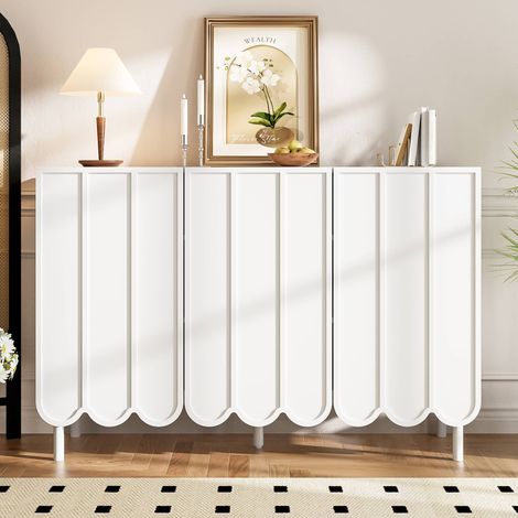 Buffet 120 x 35 x 80 cm, enfilade 3 portes ondulées push-to-open, étagères réglables, MDF et acier, blanc (1/5)