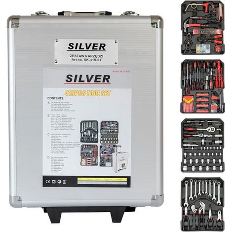 Silver, Juego de herramientas 419 piezas en maletín con ruedas, Llaves, destornilladores, alicates, Martillos y más, Ideal para profesionales y bricolaje