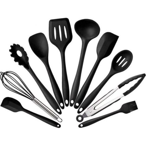 Set di utensili da cucina in silicone - Nero - 10 pezzi - Resistente al calore (1/3)