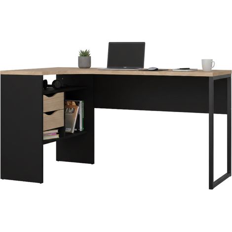 Dmora - Schreibtisch Patience, Mehrzweckschreibtisch, Bürotisch für PC, Eckschreibtisch, 145x81 h77 cm, Schwarz und Eiche