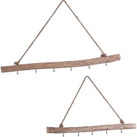 Appendino realizzato in legno rustico con ganci su ramo, con corda in set da due pezzi, set da 3 pezzi, Grande: cm 80 x 4 x 6 H