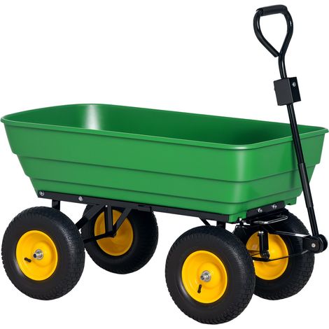 Chariot de jardin en acier et PP de 125 L avec plateau basculant et poignée, 118 x 58 x 102 cm, vert