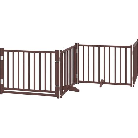 Barrière de sécurité pour chien animaux de compagnies avec porte 4 panneaux bois de sapin massif marron