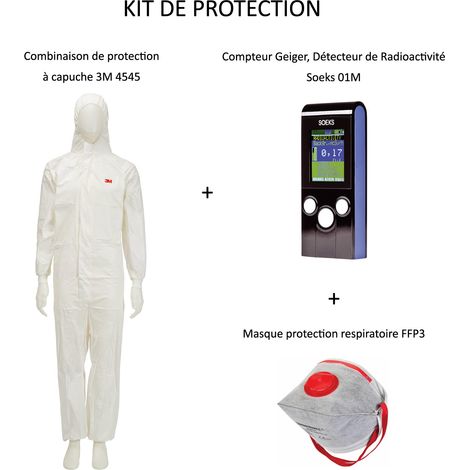 PACK Compteur Geiger, Détecteur de Radioactivité Nucléaire Soeks 01M + Vêtements de protection à capuche Combinaison 3M 4545 Taille XL + Masque FFP3