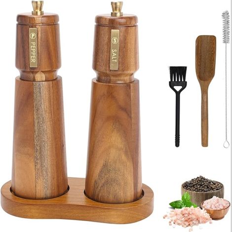 Moulin à Poivre et Sel en Bois Avec Plateau, Manuel Salieres et Poivrieres Grossier Fin Réglable, Rotor Céramique, pour Piment, Lilas, (Brun+Brun) (1/5)