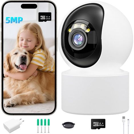 Caméra de sécurité intérieure – 3K – 5MP – 360° – Vision nocturne – Audio bidirectionnel – Micro SD 64 Go (1/5)