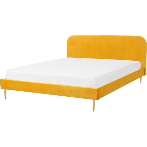 Lit Double 180 x 200 cm Tapissé en Velours Jaune avec Pieds Dorés et Sommier à Lattes Inclus Idéal pour Chambre au Design Glamour et Rétro Beliani
