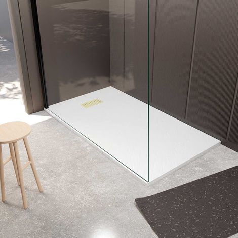 Pacco Piatto Doccia Bianco Effetto Pietra 80x140 cm e Griglia motivo Lineare Oro Spazzolato