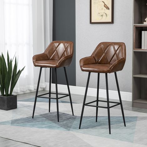 HOMCOM Juego de 2 Taburetes Altos Tapizado en PU con Respaldo Alto Patas de Acero y Reposapiés 50x47,5x102,5 cm Marrón (1/5)