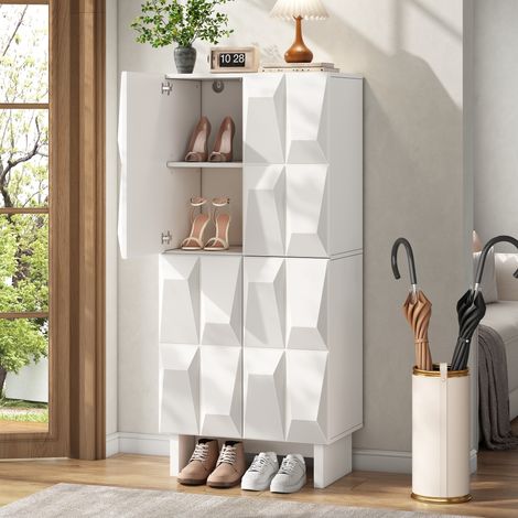 Modernluxe - Buffet/Meuble à chaussures - Avec 4 portes à décor en relief et étagères réglables - Panneaux de particules - Blanc (1/5)
